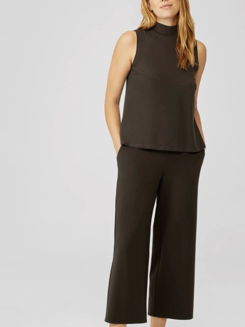 Eileen Fisher Chocolate Brown Sleeveless Mock Neck Top Tank Size Petite Large